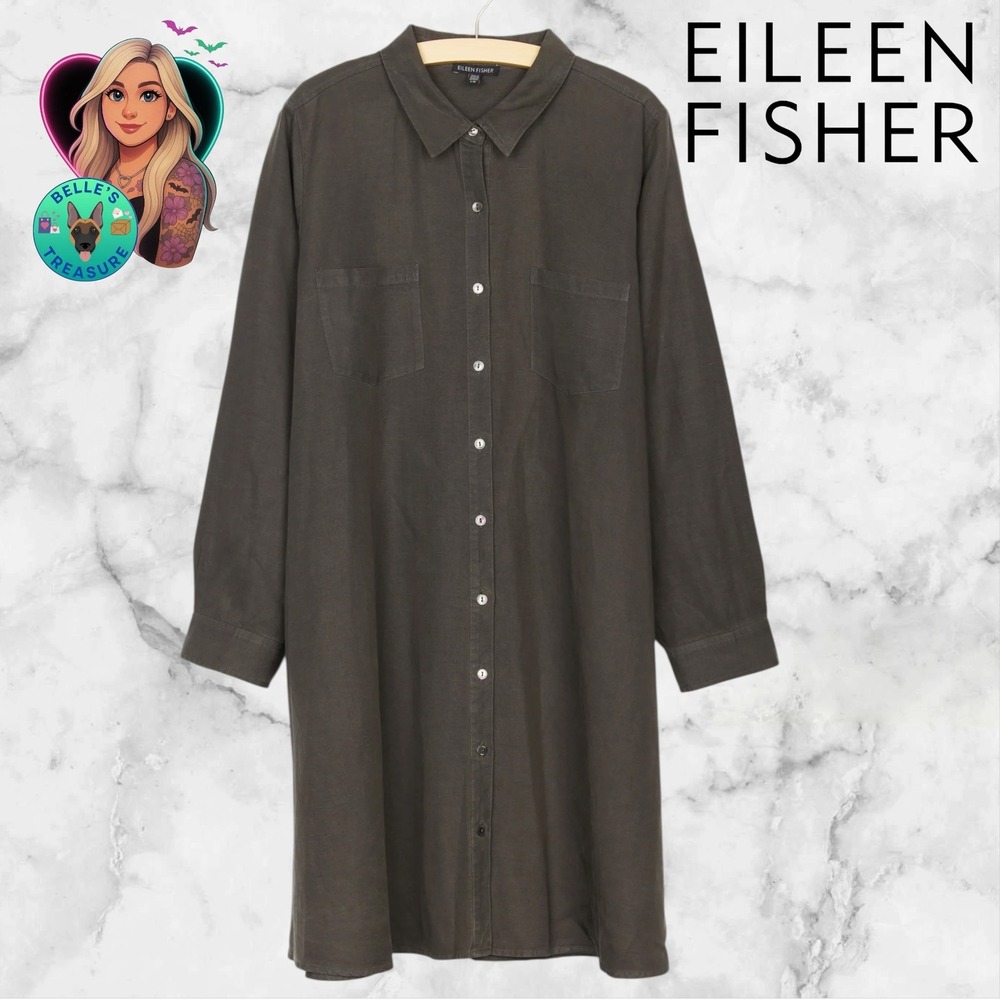 EILEEN FISHER Shirt Dress Women's Small Tencel Linen Gray Full Button Down Tunic